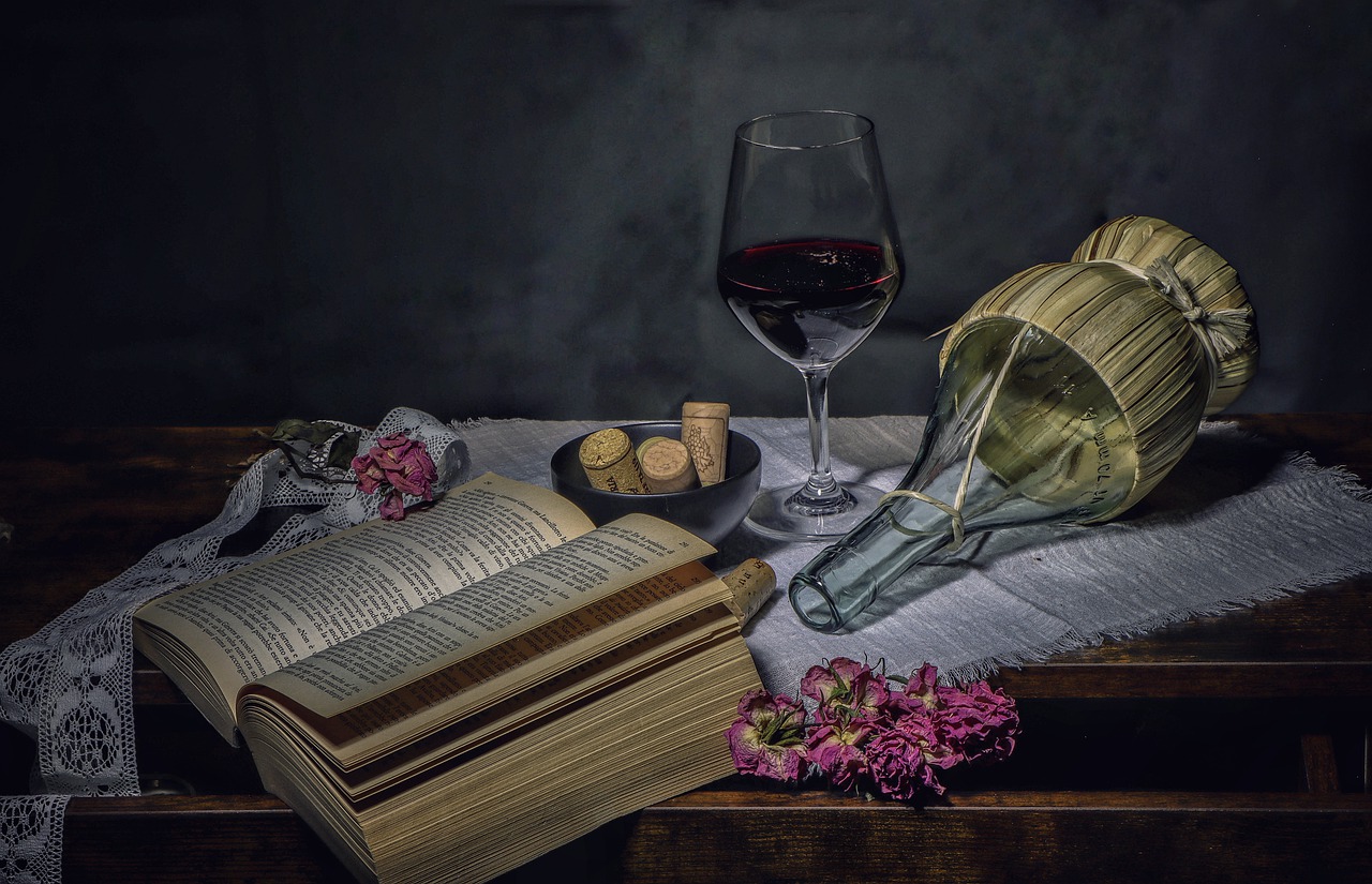 Bookshelf and Bottle of Wine